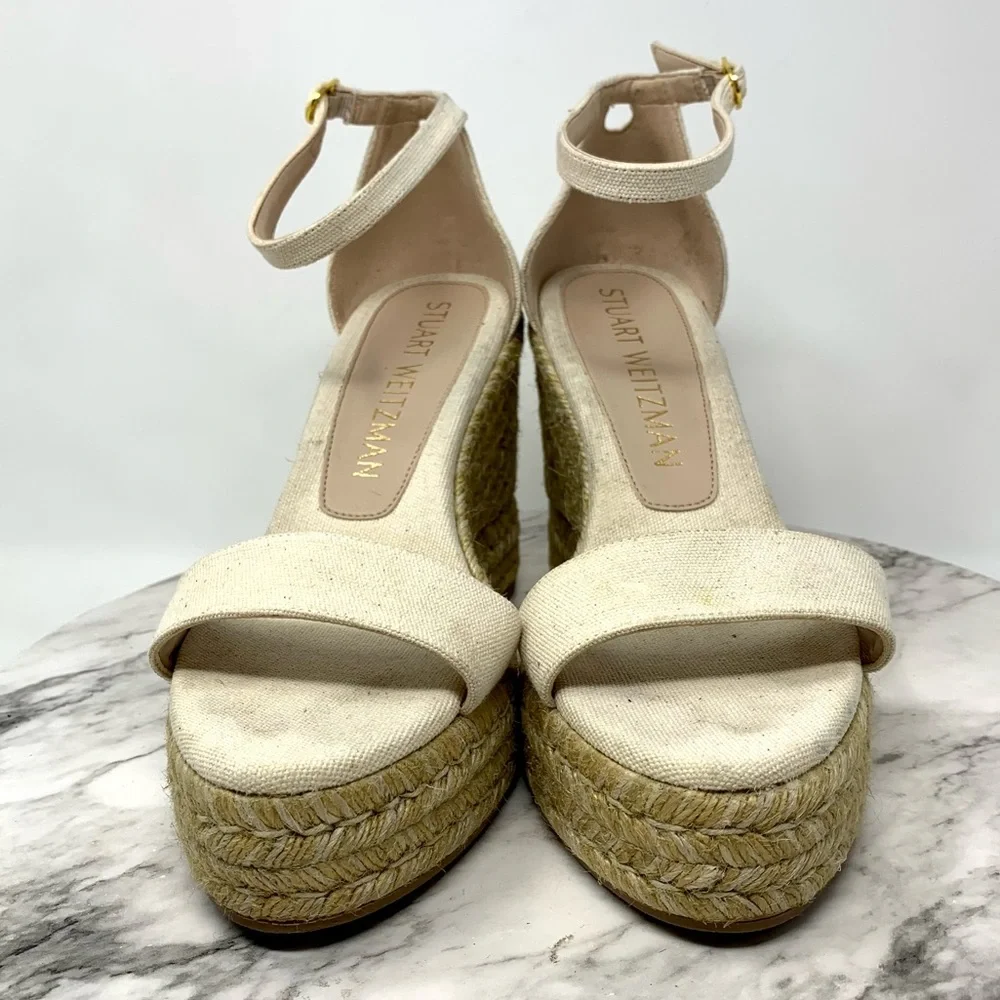 Stuart Weitzman Floria Cream Canvas Espadrille Wedges 8.5 Coastal Resortwear - Picture 4 of 16